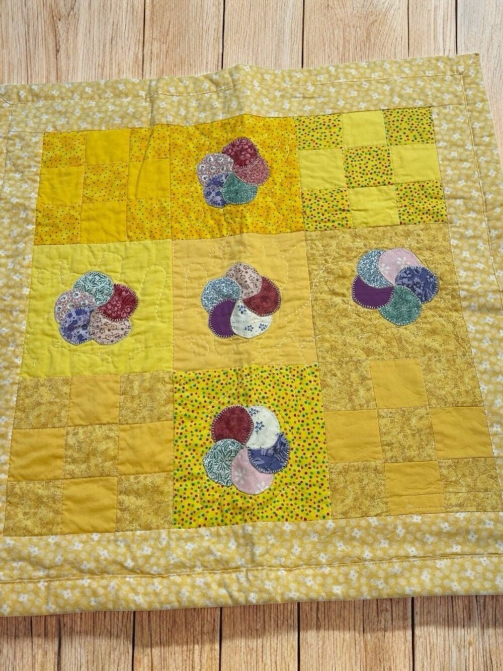 Handmade Patchwork DOLL Small Quilt Yellow Floral Cottagecore Country Colorful